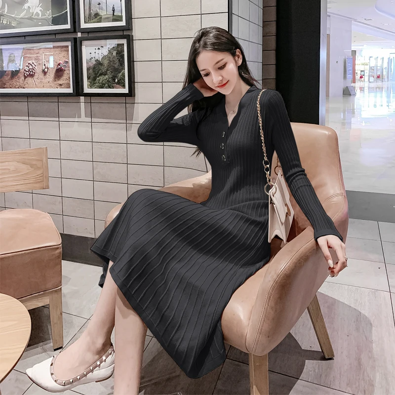 Korean Fashion Knitting Woman Dress Solid Office Lady Sweater Dress Winter Long Sleeve Black Midi Dresses for Women
