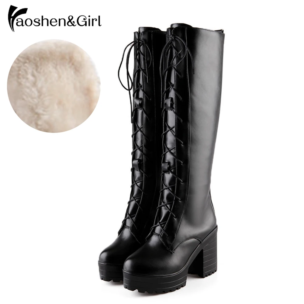 

Haoshen&Girl Knee High Heels Riding Boots Winter Women Fur Shoes Lace Up Platform Cosplay Gothic Chunky Block High Boot Size10.5