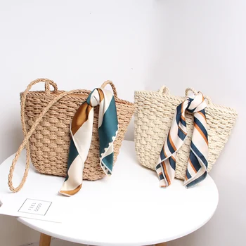 

bohemian scarves rattan women shoulder bags wicker woven handbags casual summer beach straw messenger bag lady large totes 2020