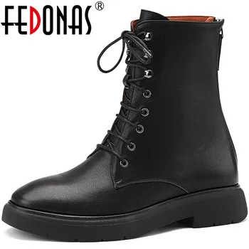 

FEDONAS Fashion Genuine Leather Autumn And Winter Shoes Woman 2020 Side Zipper Motorcycle Boots Basic Thick Heels Ankle Boots