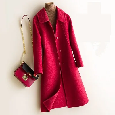 Осенне-зимнее женское двустороннее шерстяное пальто Новое высококачественное тонкое длинное шерстяное пальто женское элегантный шерстяной комбинированная верхняя одежда - Цвет: Red