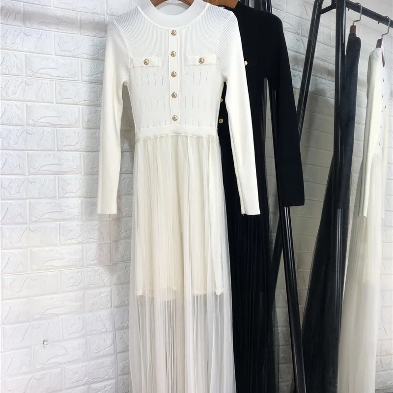 ^Cheap Women autumn winter dress gold color button front long sleeve maxi dresses patchwork knitted wool sweater dresses black white ^Cheap Women autumn winter dress gold color button front long sleeve maxi dresses patchwork knitted wool sweater dresses black white