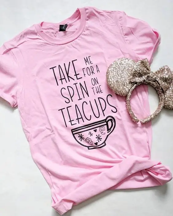 Футболка с принтом take me to spin on the teacups | Женская одежда
