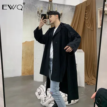 

EWQ men's wear Patchwork Long Sleeve Mid-length Windbreaker 2020 Spring design new Loose long Coat with belt For Male HD610