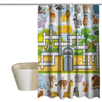 

Word Search Puzzle Hotel Fabric Shower Curtain Zoo Themed Education Game with Different Animals Numbers and Words Print Cloth