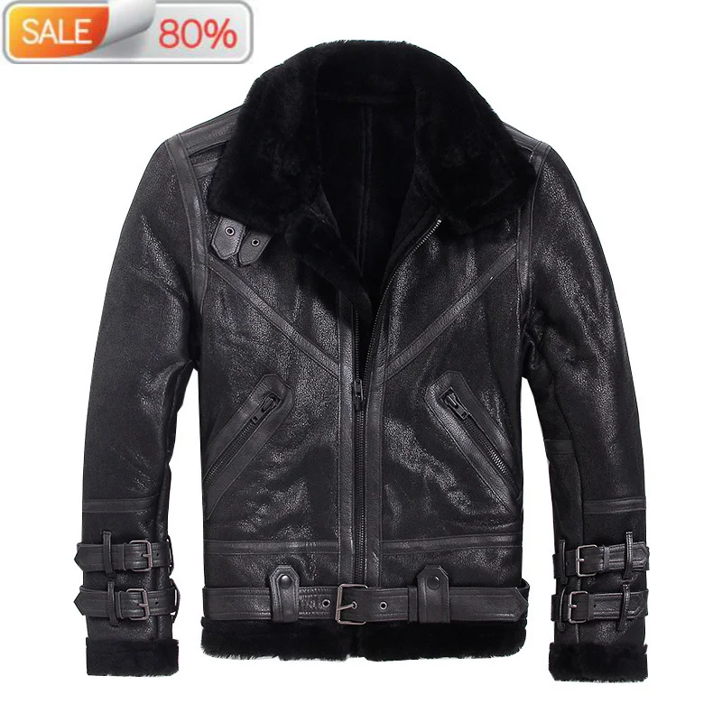 

Mens Winter Sheepskin Coat Short Genuine Leather Motorcycle Sheep Shearling Jacket for Men Wool Lining