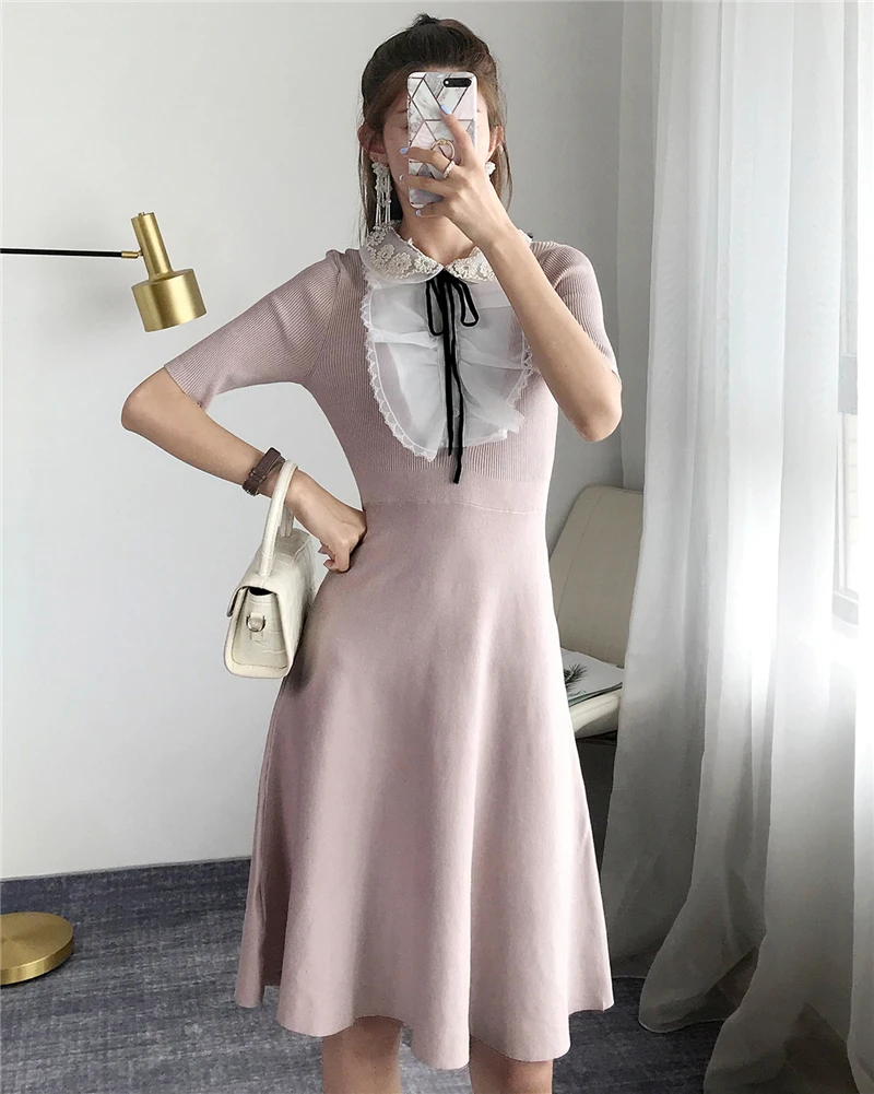 Women Dress Split Knitted Elegant Bodycon Lace Up Bow Vestido Slim Mesh Ruffles Robe Short Sleeve Pullovers Office Lady