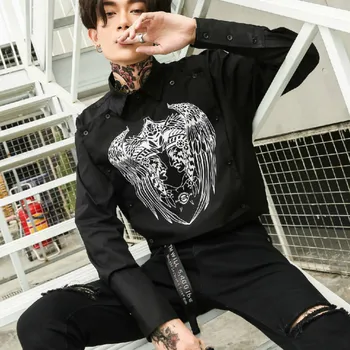 

Designer Shirts Men Balck Feather Print Casual Long Sleeve Shirt Fashion Streetwear Nightclub Party Tuxedo Male Clothing Camisa