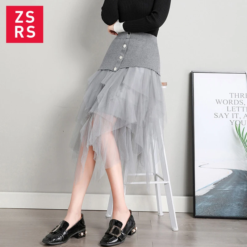 Zsrs модная новая юбка женские Асимметричные тюлевые юбки с высокой талией лоскутные плиссированные средней удлиненная юбка вечерние юбки для женщин