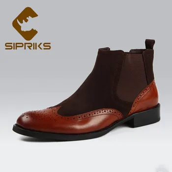 

Sipriks Luxury Brand Italian Handmade Chelsea Boots Imported Mens Cowboy Boots Brown Suede Leather Ankle Shoes Wingtip Dress 44