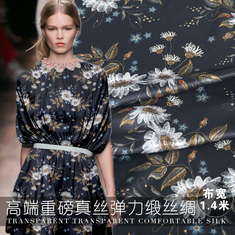 

19 Autumn New 140cm Width 20momme 94%silk 6%spandex Brand Charmeuse Fabric Diy Sewing Free Shipping Printed Black Shivering Sale