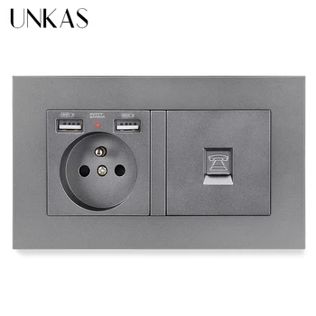

UNKAS PC Plastic Panel Gray EU Standard Power Socket Grounded With Female TV Jack 2100mA Dual USB For Mobile Grey Outlet