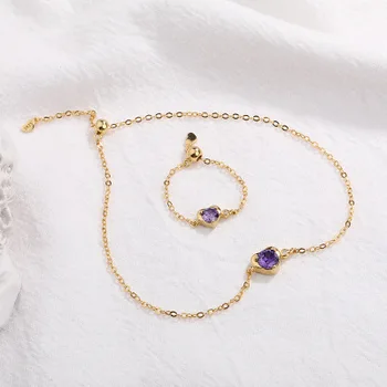 

Korean Fashion Sweet Heart-shaped Purple Zircon Bracelet Ring Set Women Jewelry Party Gifts Wholesale
