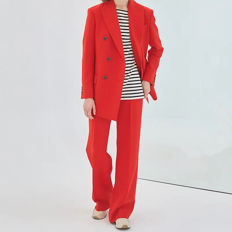 Красный Женский костюм со штанами, комплект из двух предметов, повседневный деловой костюм, модный двубортный костюм со штанами - Цвет: Красный