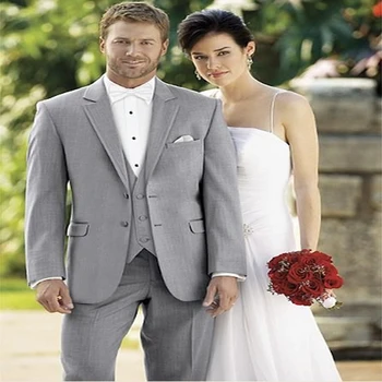 Tanie 2020 Szary Męskie Garnitury ślubne Custom Made Prom Party Smokingi Dla Pana Młodego 3 Sztuka Zestaw Slim Fit Biznes Męski Garnitur (marynarka + Kamizelka + Spodnie)