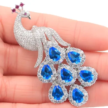 

62x28mm SheCrown Big Phoenix 15.2g Tanzanite Paris Blue Topaz CZ Ladies Gift Silver Brooch