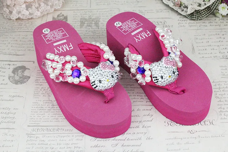Leisure Shoes Online Lady Sewing Pearl Womens Beach Slippers Fashion High Heel Platform Wedge Flip Flops62