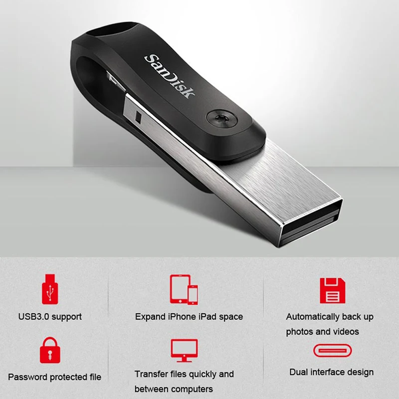 SanDisk SDIX60N двухцелевой поворотный USB3.0 флэш-накопитель 128GB 256GB металлический U накопитель OTG разъем Lightning для iPhone/iPad/PC