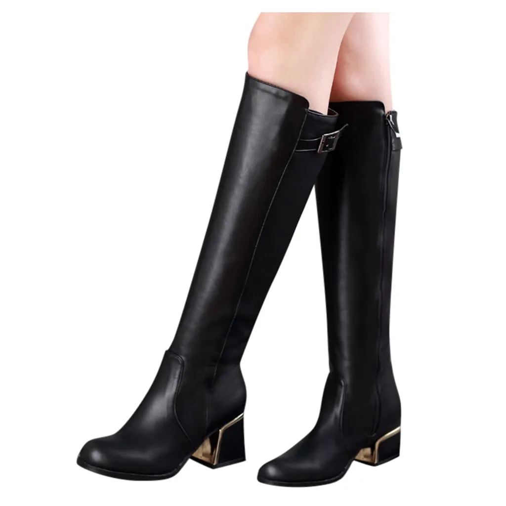 Vintage leather Thigh high Boots Women Side Zip Square Heel knee height buckle Boot British Style Fashion Knee High Boots T2 - Цвет: Черный
