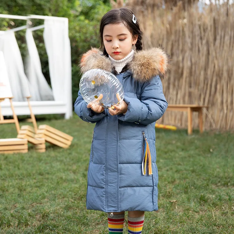 Белый ангел, зимние пальто для девочек-подростков, длинная куртка с натуральным мехом на утином пуху, Теплая стеганая куртка с воротником для 5-14 лет, верхняя одежда - Цвет: Blue