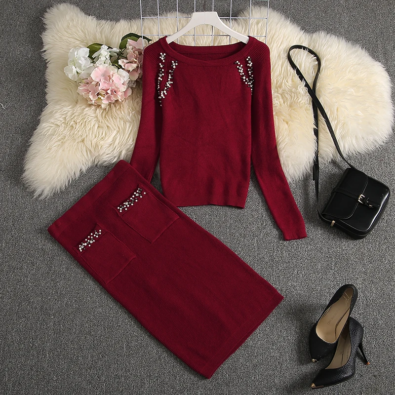 Billig ALPHALMODA 2019 Winter Neue Frauen Stricken Anzug Perlen Entkernt Luxus Marken Design Stricken Pullover + Bleistift Rock 2 stücke Set
