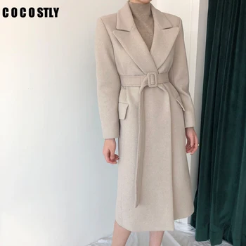 

2019 Fall Winter Coat Women Classic Beige Wool Coat with belt Female Robe Outerwear Long Coat manteau femme abrigos mujer