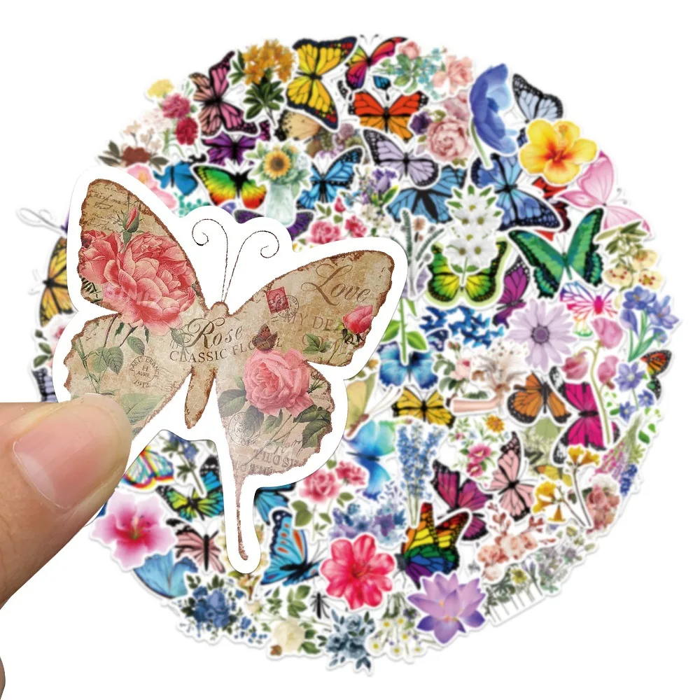 100pcs/Pack Cartoon colorful flower butterfly  Stickers Waterproof  For Skateboard Guitar Luggage  Kids Toys wall decal stickers 100pcs hello kitty stickers cute cartoon kids toys reward stickers laptop guitar skateboard luggage waterproof stickers