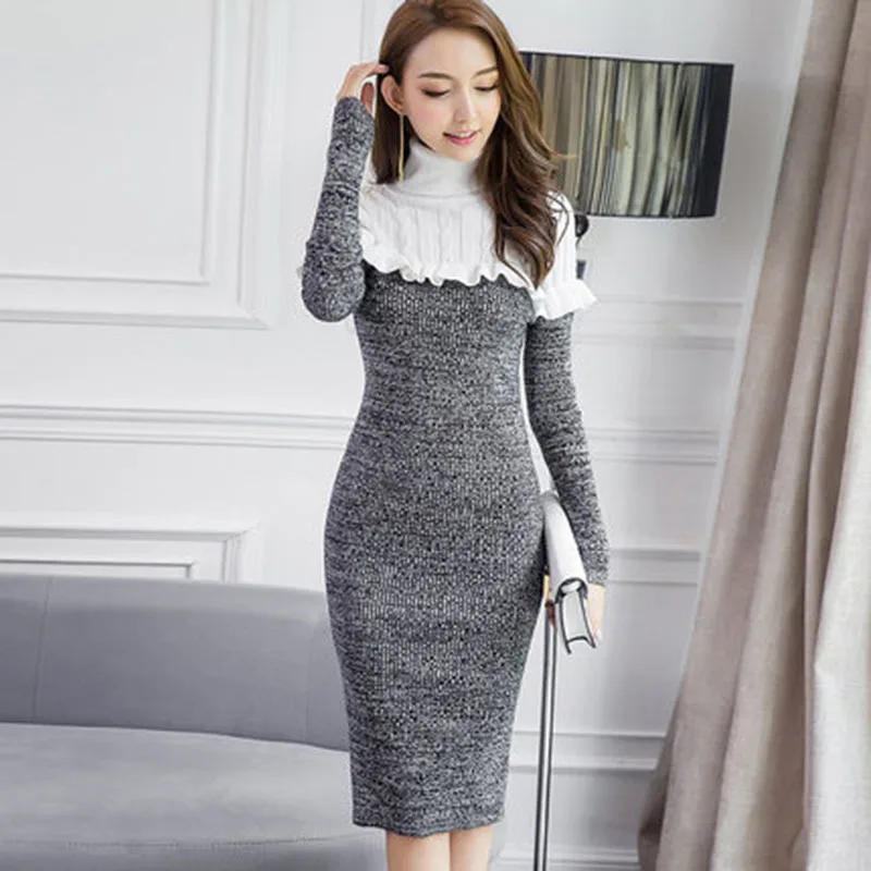 

Elegant Women Sweater Dress Turtleneck Thicken Warm Knitted Dresses Mujer Plus Size Slim Sweater Pullovers Elegant Hip DressA359