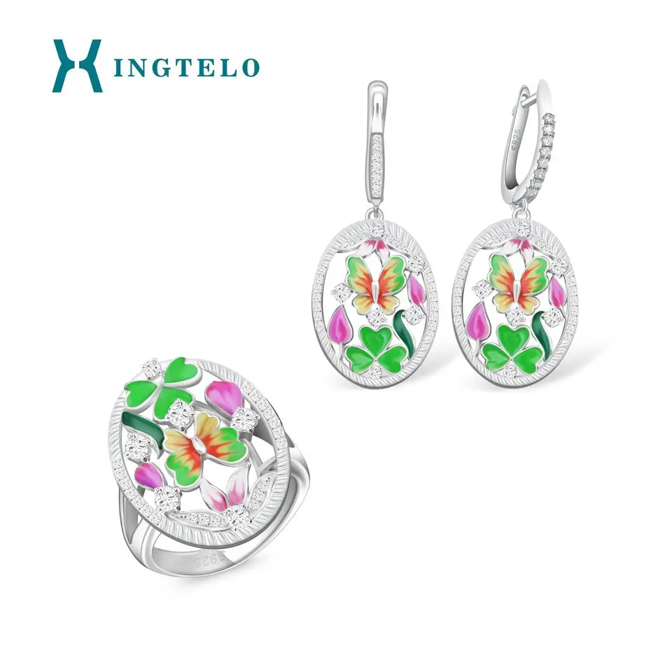 XINGTELO Ring Earrings Jewelry Set 925 Sterling Silver Hollow Rings Colorful Enamel Flower for Women | Украшения и аксессуары