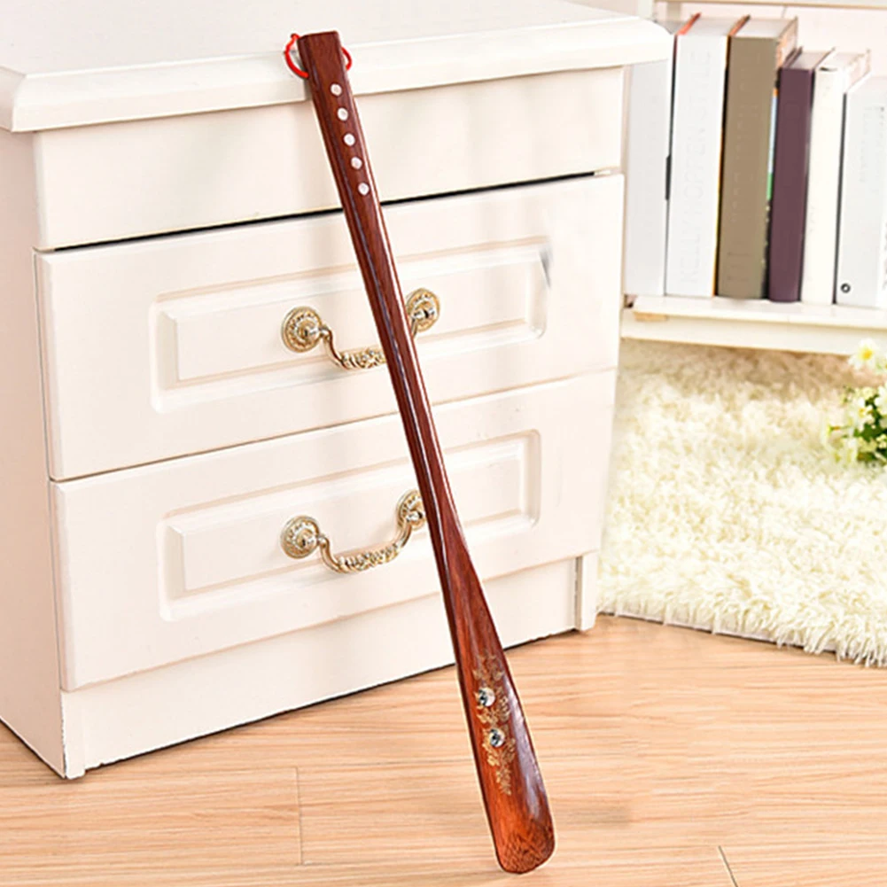 

Practical Portable Useful Lifter Home Shoe Horn Long Handle Red Hanging Loop Wooden 55cm Durable Stick Flexible