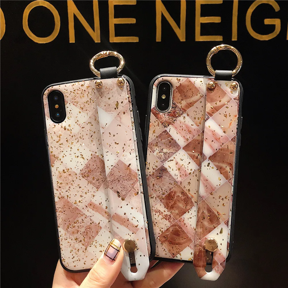 Fashion Bling Wrist Strap Cases For IPhone 7 Gold Foil Granite Marble Phone Case for iPhone X XS Max XR 6S 8 Plus Cover Fundas |