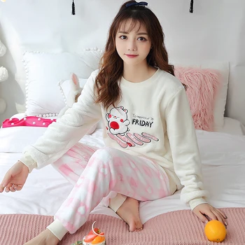

Autumn Winter Warm Flannel Pyjamas Pjs Women Set Thick Coral Velvet Long Sleeve Cartoon Pajamas Pijama Mujer