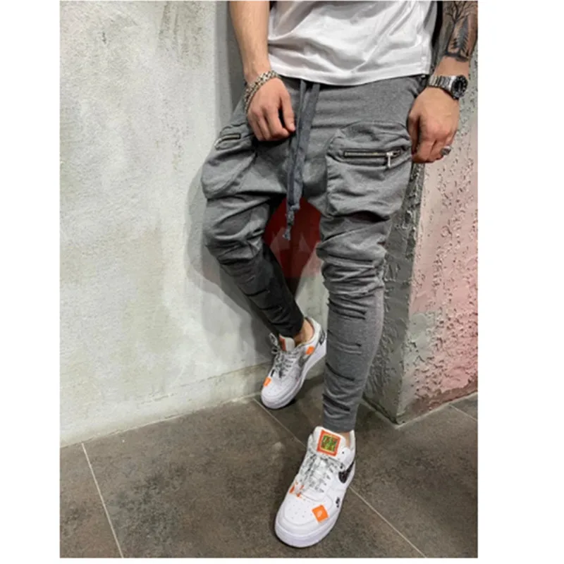 

2019 into Europe And America Men's Solid Color Loose-Fit School Bag Pocket Skinny Zipper Patch Pocket Slim Fit Athletic Pants