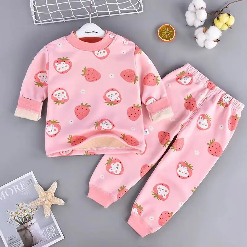 sleepwear for boy Kids Pajamas Sets Baby Boys Girls Velvet Warm Long T-shirt+Pants Pyjamas Cartoon Children Clothing Autumn Winter Sleepwear Suit children's robe and slipper set Sleepwear & Robes