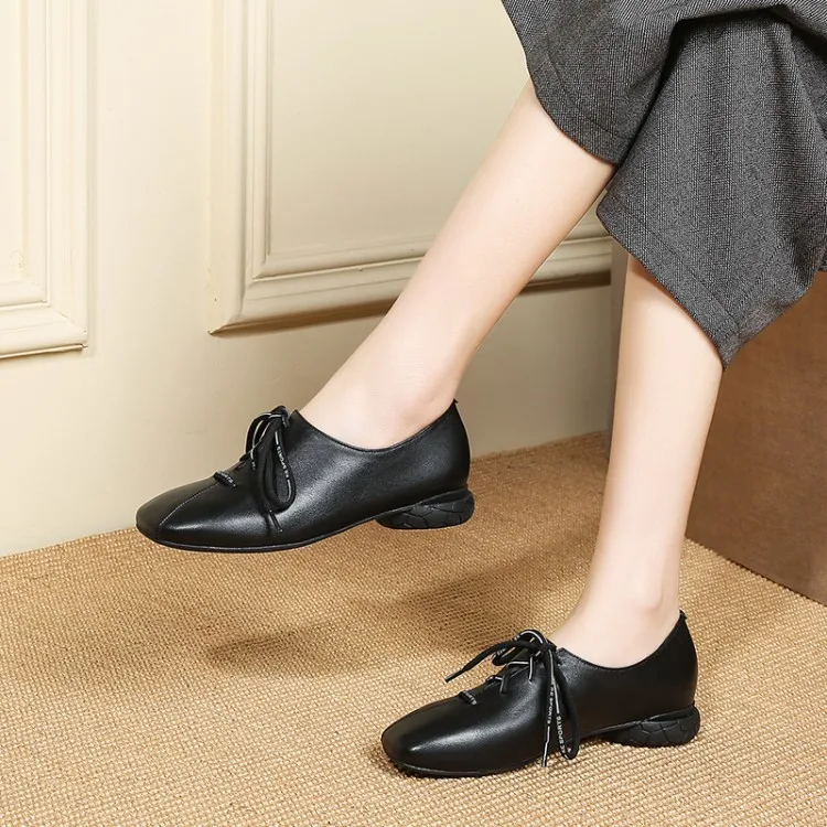 

Spring And Autumn New Style Lace up Front Low Heel WOMEN'S Shoes Square Head Deep-mouth Thin Shoes Full-grain Leather Chunky-Hee