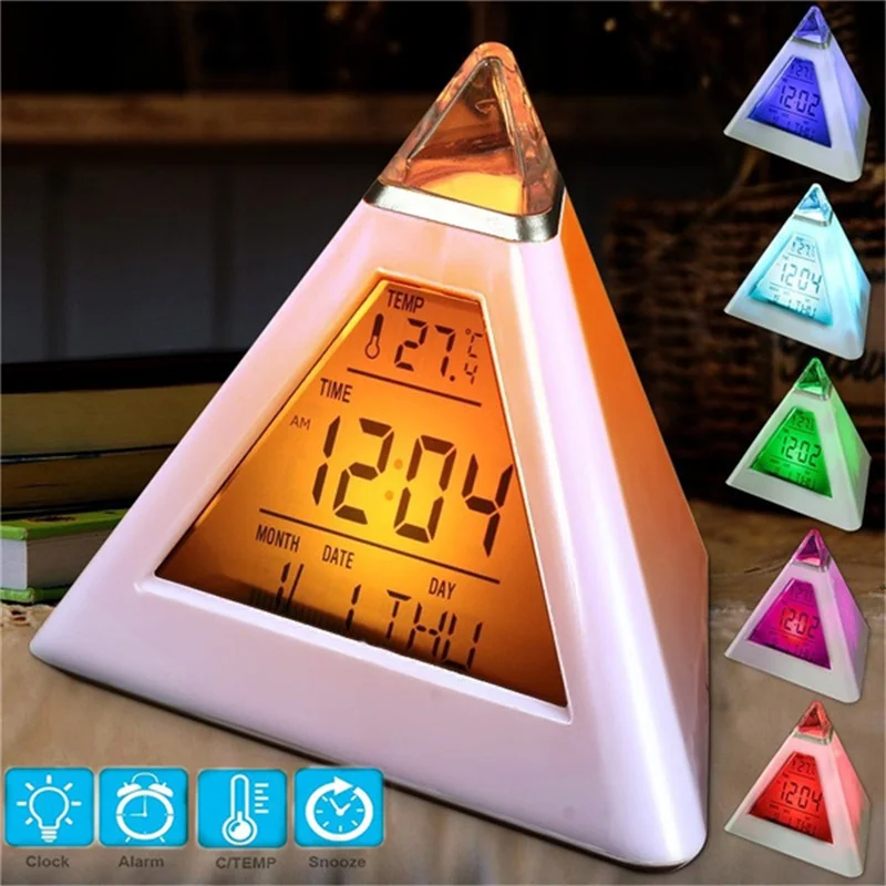 Changeable Lazy Alarm Clock Pyramid Temperature 7 Colors LED Triangular
