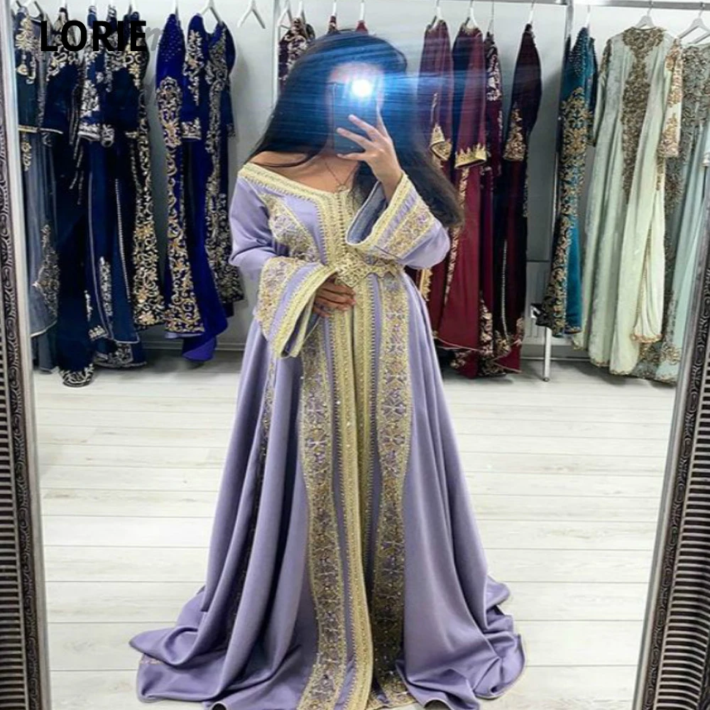 

LORIE Lilac Evening Dresses Moroccan Caftan Elegant Dubai Lace Appliques Beading Formal Prom Celebrity Gowns with Long Sleeve