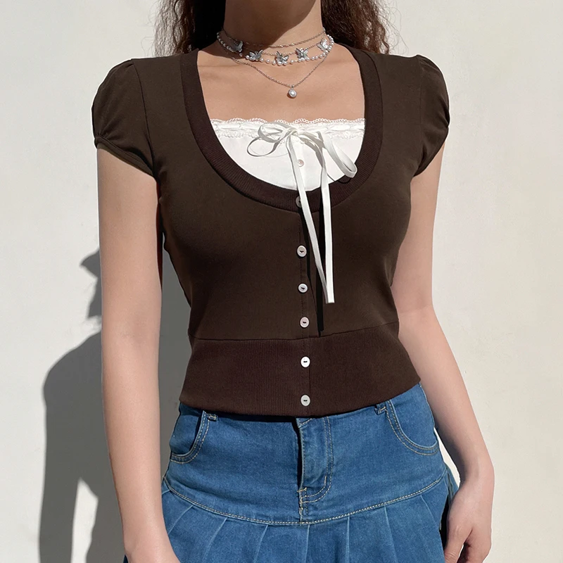 

Harajuku Patchwork Y2K Brown Top Cropped Female T-shirt Bow Buttons Preppy Style Summer T shirt Cute Short Sleeve Tee