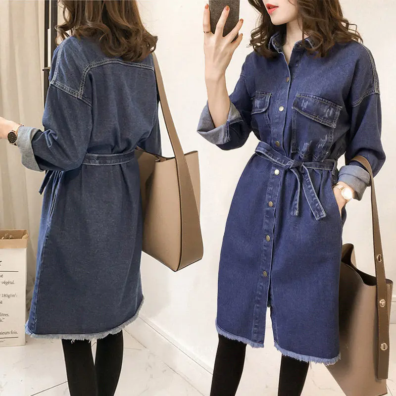

2019 Autumn Denim Dress Large Size 4XL Long Sleeve Elegant Fashion Slim Bodycon Jeans Shirt Dress With Belt Buckle Vestidos f164