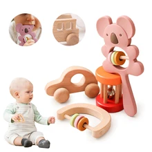 

Baby Four-piece Rattles Toys Wooden Handbells Silicone Cute Koala Rattle Beech Wood Small Car Infant Musical Teether Baby Gifts
