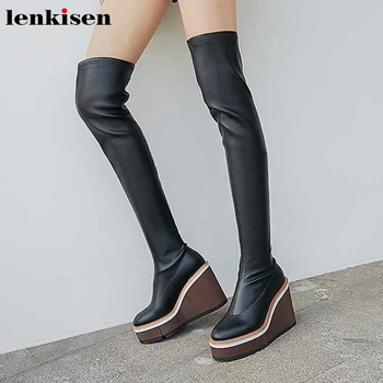 

Lenkisen hot European wedges thick bottom stretch boots cow leather round toe platform winter women fashion thigh high boots L17