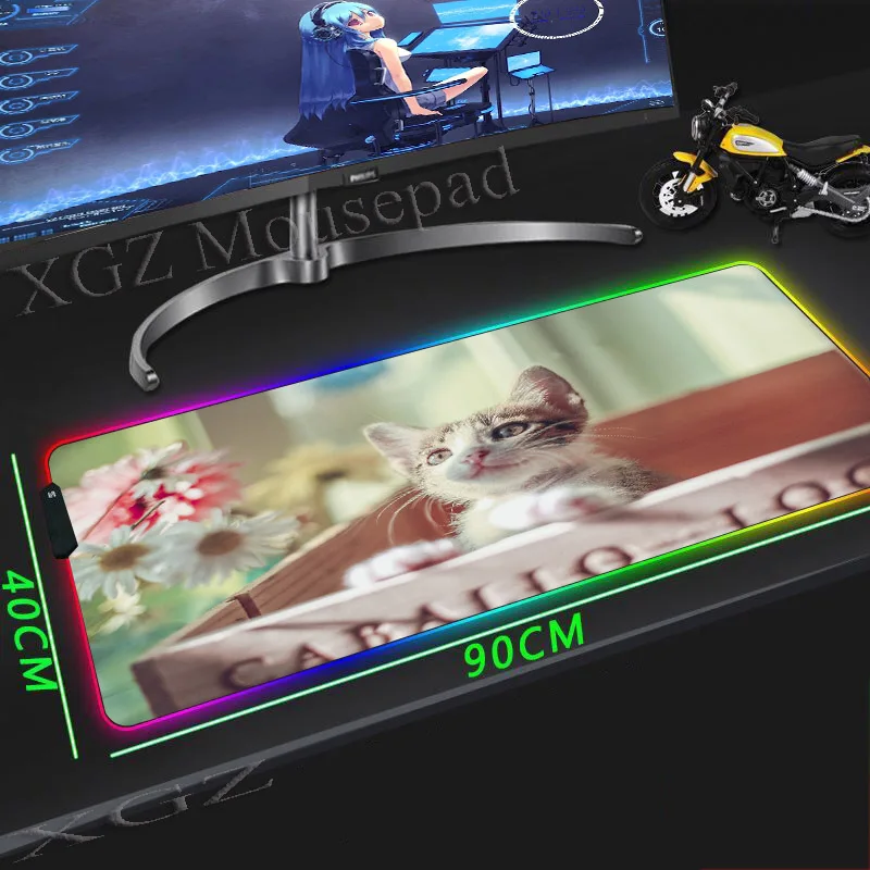  XGZ Animal Cute White Cat Large RGB Mouse Pad Lockedge Anime Custom Office Computer Desk Mat Rubber