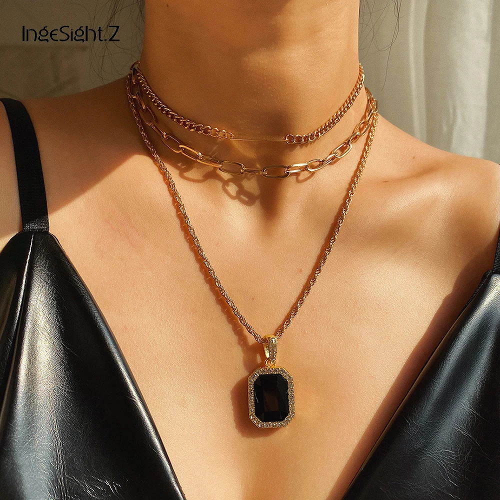 IngeSight.Z 3Pcs/Set Punk Multilayer Luxury Black Crystal Pendant