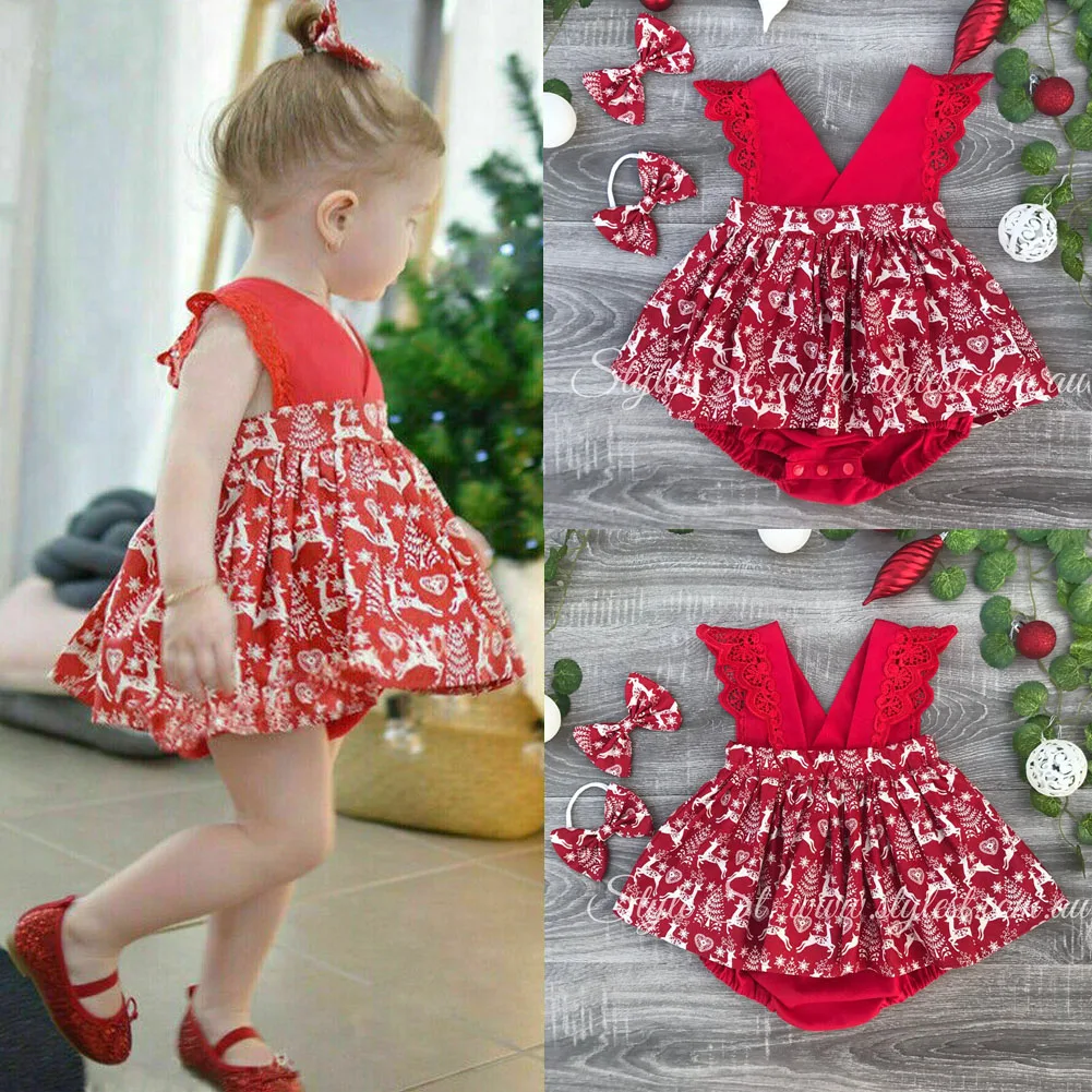 0M-6Y Christmas Deer Print Baby Girl Dress Fashion Kids Baby Bowknot Pageant First Birthday Girl Party Formal Gown Baby Dress