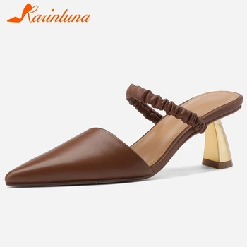 

KARINLUNA Genuine Leather Female 2020 Brand Pumps Pointed Toe Slip On High Heels Summer Women Pumps Solid Women Shoes
