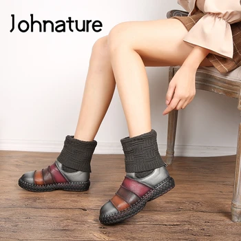 

Johnature Mixed Colors Women Shoes Platform Boots Genuine Leather 2020 New Winter Slip-on Round Toe Flat With Sewing Ankle Boots