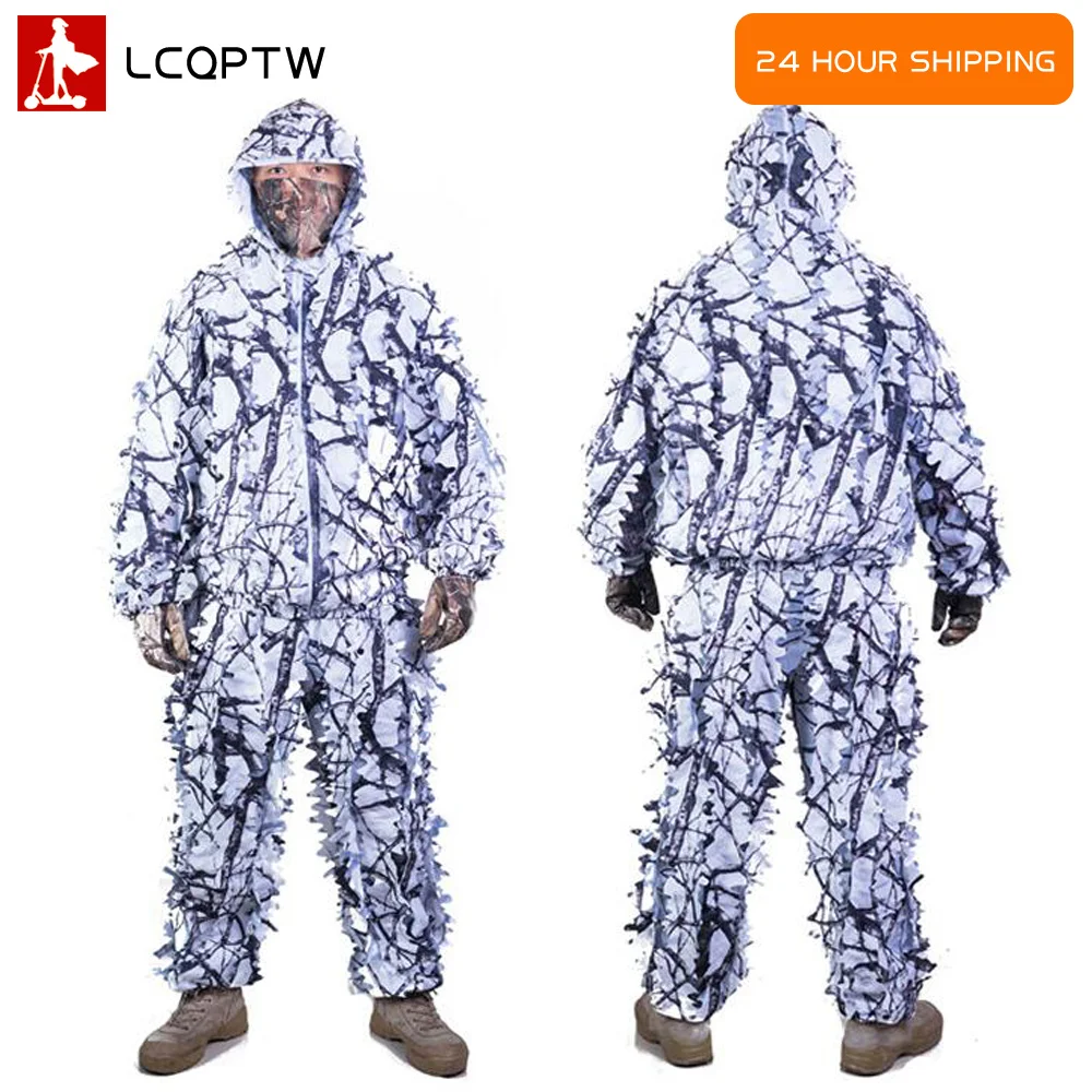 Sniper CS Bionic Camouflage Suit Men 3D Maple Leaf Ghillie Suits Winter White Snow Hunting Clothes Invisible Camo Full Set | Спорт и