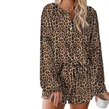 

Women 2pcs Set Leopard Printed Pajama Set Nightwear Fashion Female Casual Long Sleeve Top+ Loose Shorts Outfit Home Clothes Set