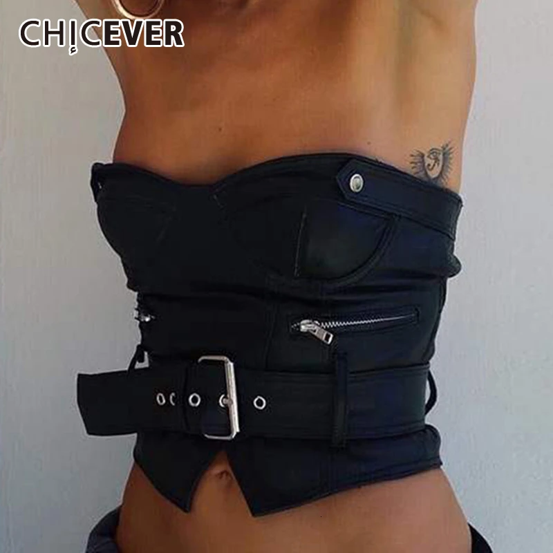 CHICEVER/женские футболки из искусственной кожи с вырезом лодочкой и открытыми