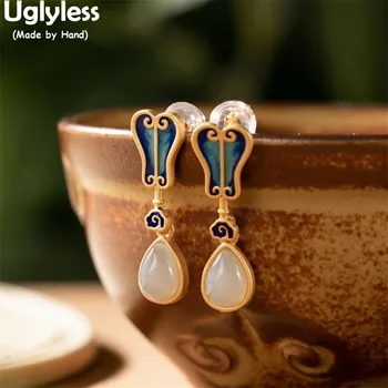 

Uglyless Ethnic Enamel Banana Fan Earrings for Women Water Drop Nature Jade Earrings Vintage Dress Brincos Real 925 Silver Jewel